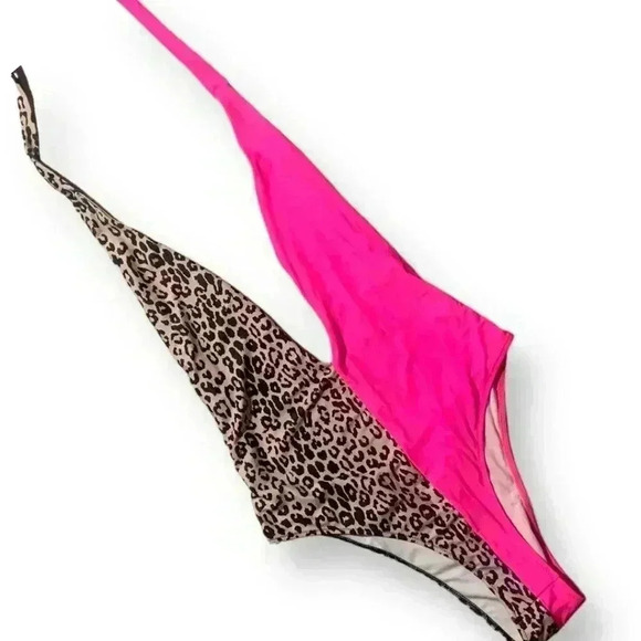 Shein One Piece Swimsuit Contrasting Pink and Leopard Plunging Front Self Tie - Picture 5 of 8